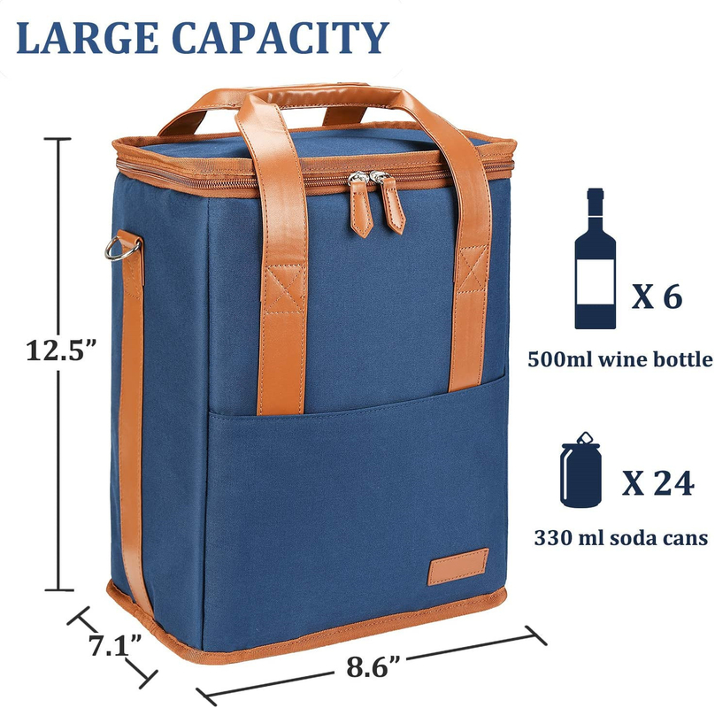 Xl Geïsoleerde Koelere Zakzak voor Kruidenierswinkelswijn 6 Flessen 8.6X7.1X12.5“