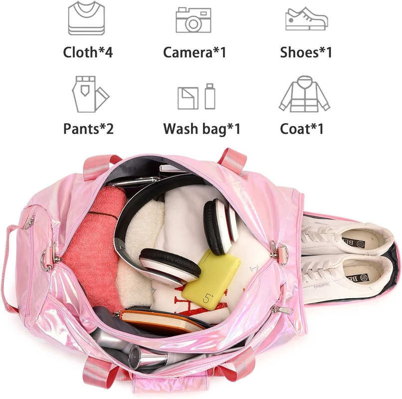 Waterbestendige polyester metalen roze kleur Overnight Weekender Gym Danstas met natte zak