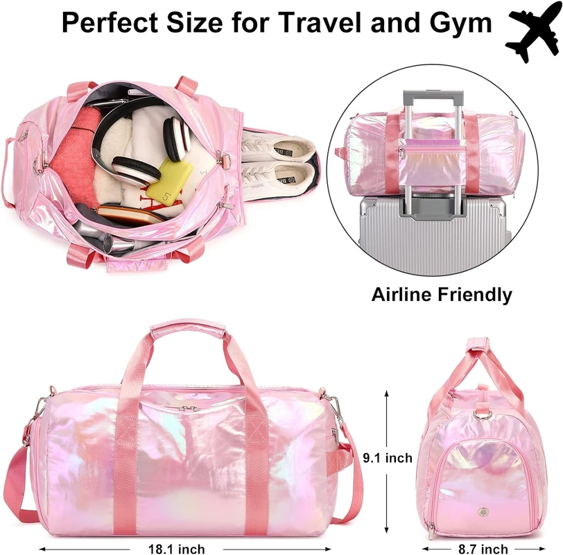 Waterbestendige polyester metalen roze kleur Overnight Weekender Gym Danstas met natte zak