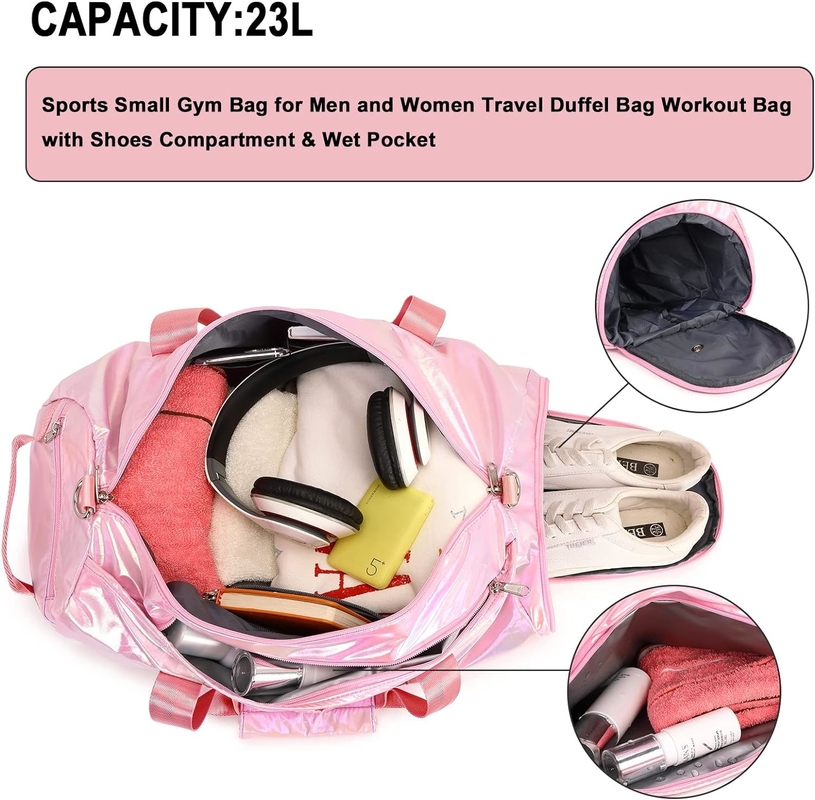 Waterbestendige polyester metalen roze kleur Overnight Weekender Gym Danstas met natte zak