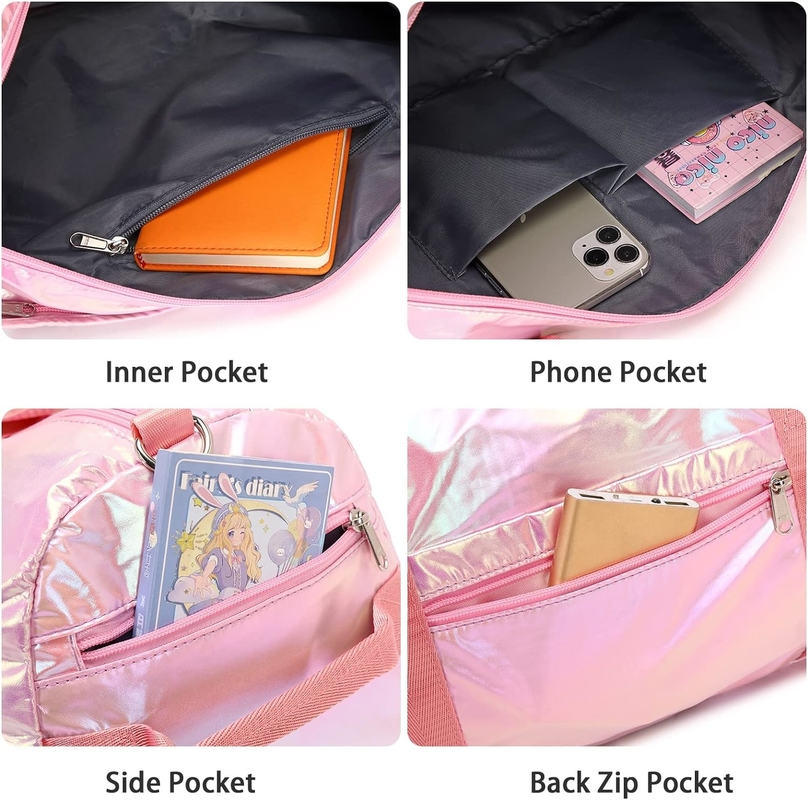 Waterbestendige polyester metalen roze kleur Overnight Weekender Gym Danstas met natte zak