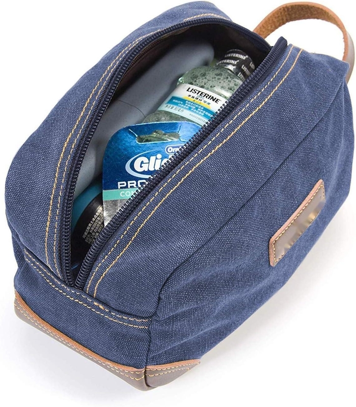 Badkamer toilettoiletten reistas voor mannen, blauw leer en doek grote dop kit