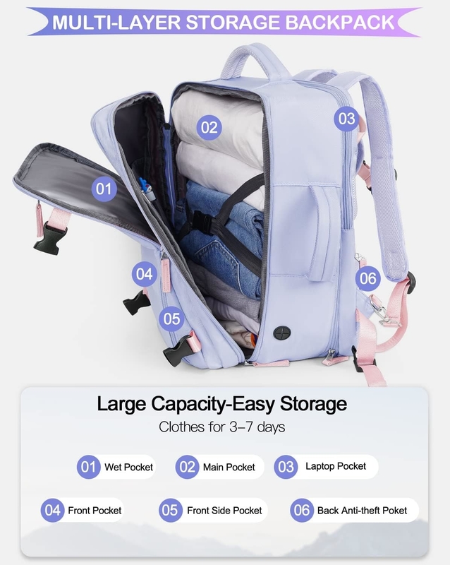 Purper 17,3 inch Laptop Airline goedgekeurd Draag bagage als persoonlijke spullen Weekender Wandelen Reistas voor vrouwen