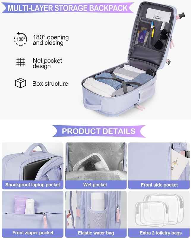 Purper 17,3 inch Laptop Airline goedgekeurd Draag bagage als persoonlijke spullen Weekender Wandelen Reistas voor vrouwen