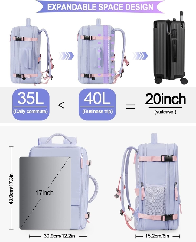 Purper 17,3 inch Laptop Airline goedgekeurd Draag bagage als persoonlijke spullen Weekender Wandelen Reistas voor vrouwen