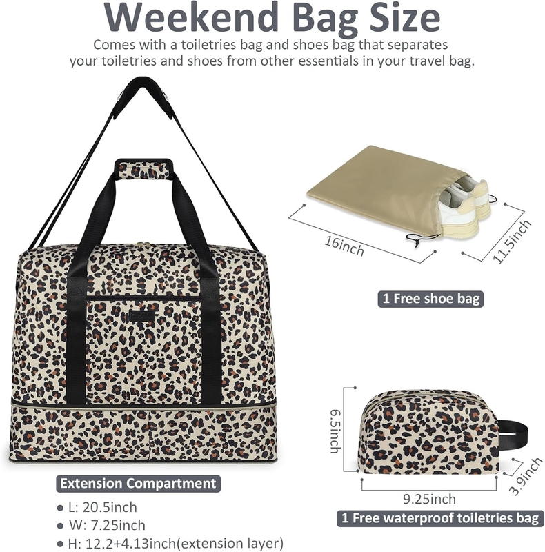 Leopard Uitbreidbare Grote Weekender Overnight Waterdicht Draagbaar op de schouder Tote Reistas ith Toilettentas
