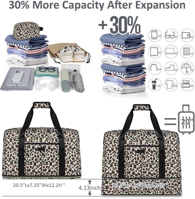Leopard Uitbreidbare Grote Weekender Overnight Waterdicht Draagbaar op de schouder Tote Reistas ith Toilettentas