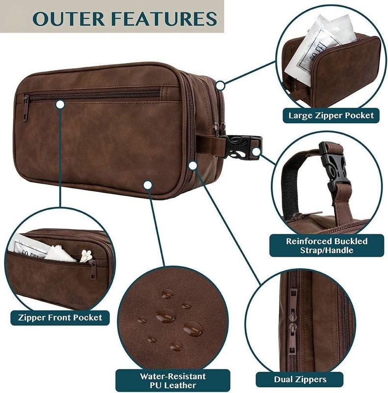 Donkerbruine waterbestendige Dopp Kit PU Lederen scheerzak Organisator Reistas voor accessoires Cosmetische hygiëne