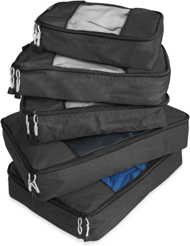 Zwarte grote capaciteit bagage verpakkingsorganisatie blokjes 5 pak reistas met mesh