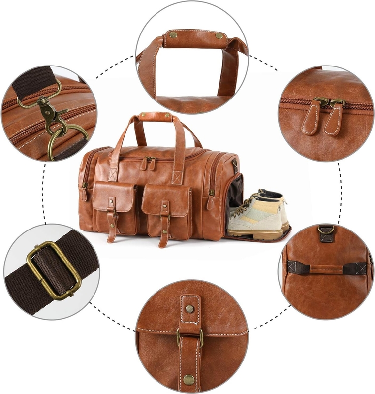 Grote bruine PU leder draagbare weekender overnachting sport yoga gym Custom reistas met schoenenzak