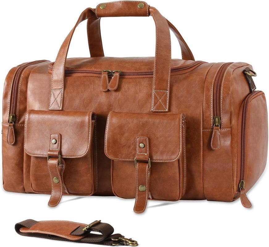 Grote bruine PU leder draagbare weekender overnachting sport yoga gym Custom reistas met schoenenzak