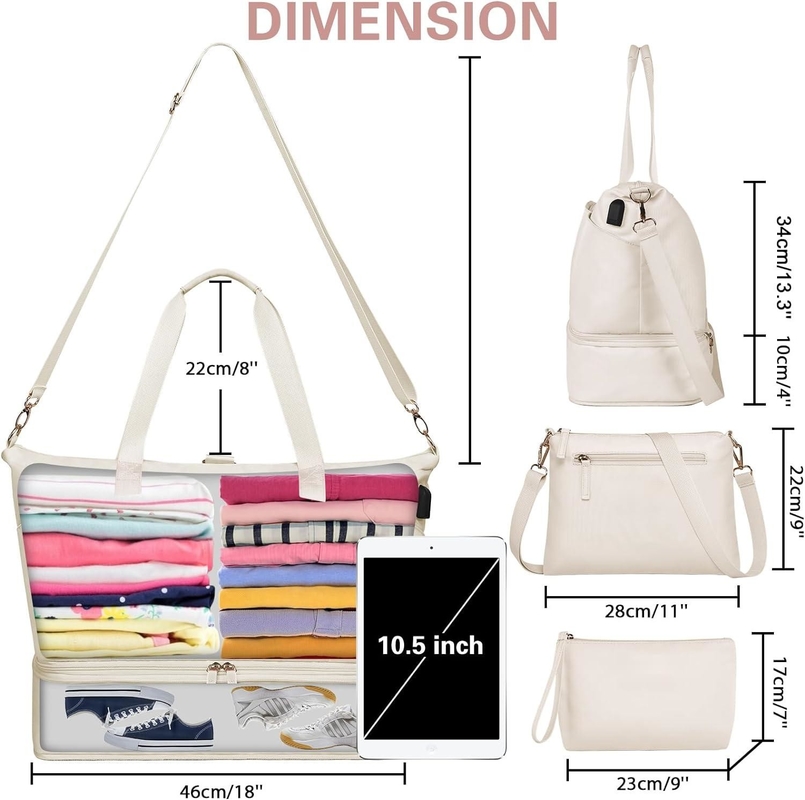 Beige draagbare uitbreidbare weekendzak met schoenen en natte zak
